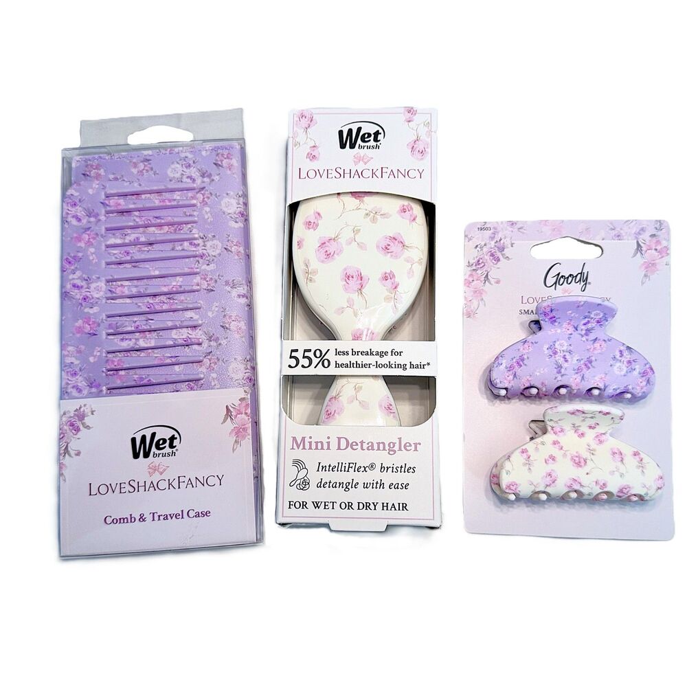 NWT LoveShackFancy Wet Brush Goody Floral Hair Set Comb Mini Brush Claw Clips